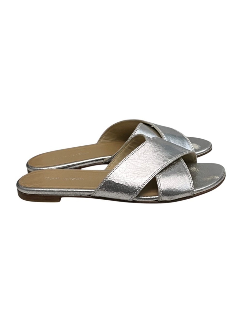 Stuart Weitzman Byway Slides Silver Metallic Leather Flat Sandals 7 - Picture 3 of 13